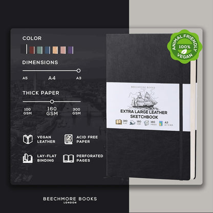 Beechmore Books A3 Sketchbook – 11.7x16.5 Premium Vegan Leather Bound Extra Large Sketch Book Hardcover, 160gsm 160 Perforated Ivory Pages, Blank Sketch Pad, Gift Boxed, Back Pocket, Ribbon Bookmark - Crafty Corner