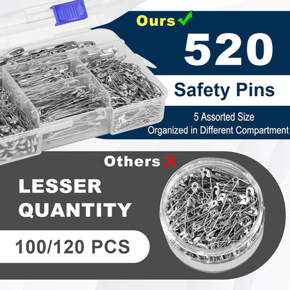 520 Pack Safety Pins, Assorted Size Bulk Silver Sewing Pins, Small & Large Heavy Duty Safety Pins for Clothes, Sewing, Art Crafts Supplies, Rust-Resistant Nickel Plated Steel