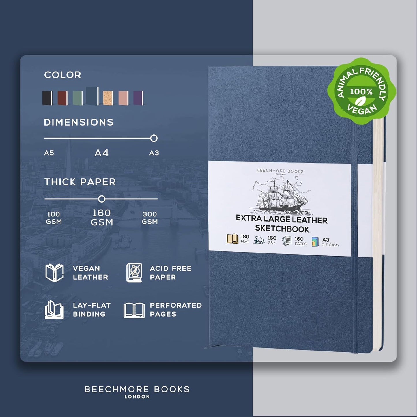 Beechmore Books A3 Sketchbook – 11.7x16.5 Premium Vegan Leather Bound Extra Large Sketch Book Hardcover, 160gsm 160 Perforated Ivory Pages, Blank Sketch Pad, Gift Boxed, Back Pocket, Ribbon Bookmark - Crafty Corner
