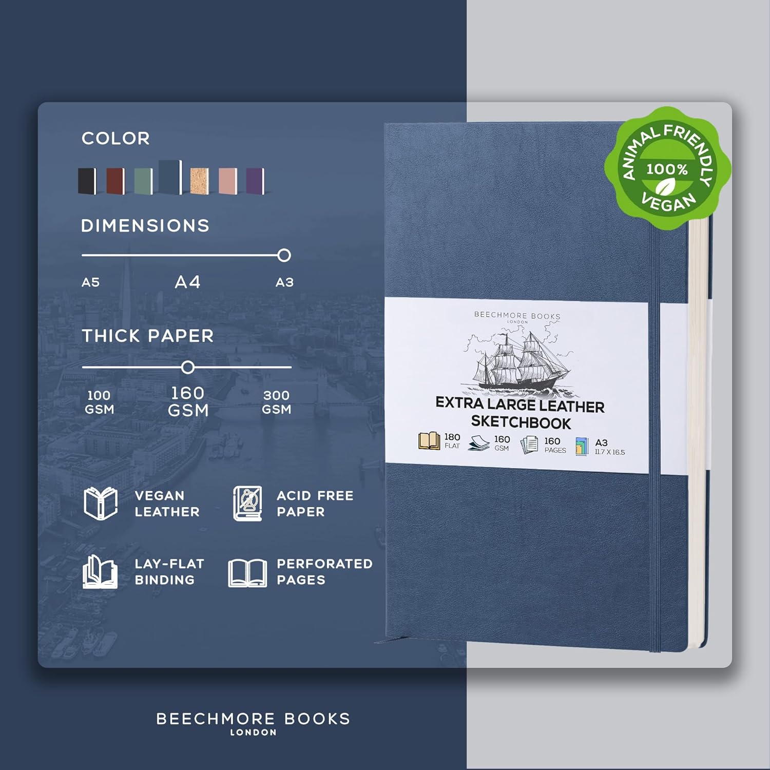 Beechmore Books A3 Sketchbook – 11.7x16.5 Premium Vegan Leather Bound Extra Large Sketch Book Hardcover, 160gsm 160 Perforated Ivory Pages, Blank Sketch Pad, Gift Boxed, Back Pocket, Ribbon Bookmark - Crafty Corner