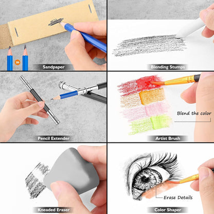 Caliart 176PCS Art Supplies Sketching Kit with 100 Sheets 3-Color Sketch Book, Graphite Colored Charcoal Watercolor & Metallic Pencils, Drawing Supplies Christmas Gifts for Artists Adults Beginners