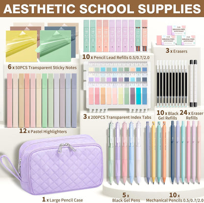 62PCS Aesthetic School Supplies with Cute Pencil Case, Pastel Highlighters Black Ink Gel Pens Mechanical Pencils Kit, Back to School Supplies College Essentials Preppy Stationary Set for Student Girls