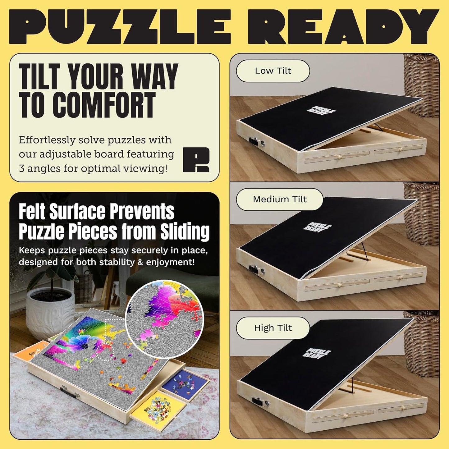 Puzzle Ready Jigsaw Puzzle Table with Drawers - 24x30 in, Wood, 1,000 Pc, 3 Angles - Color-Coded Puzzle Trays for 1,000-Pc Sorting - Tilt Angles for Jigsaw Workstation Table - Portable w/Handle