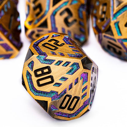 Metal DND Sci-fi Dice Set 7PCS Stripe Polyhedral Dice for Dungeons Dragons RPG Role Playing Game, Glitter D and D Dice with Gift Box D6 D8 D10 D12 D20 (Ancient Gold&Green Purple)