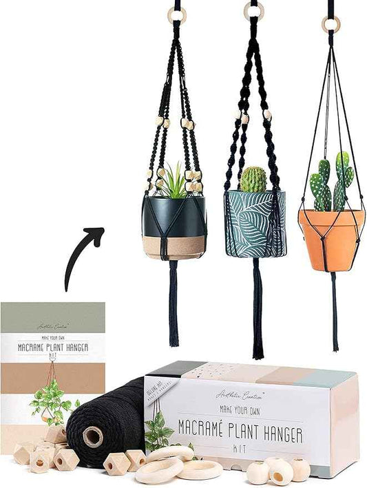 Macrame Kit-Black Edition-Makes 3 Macrame Plant Hangers with Easy to Follow Instructions for Adult Beginners - Includes 109 Yards 3mm Cotton Macrame Cord, Wooden Beads & Custom Instruction Booklet