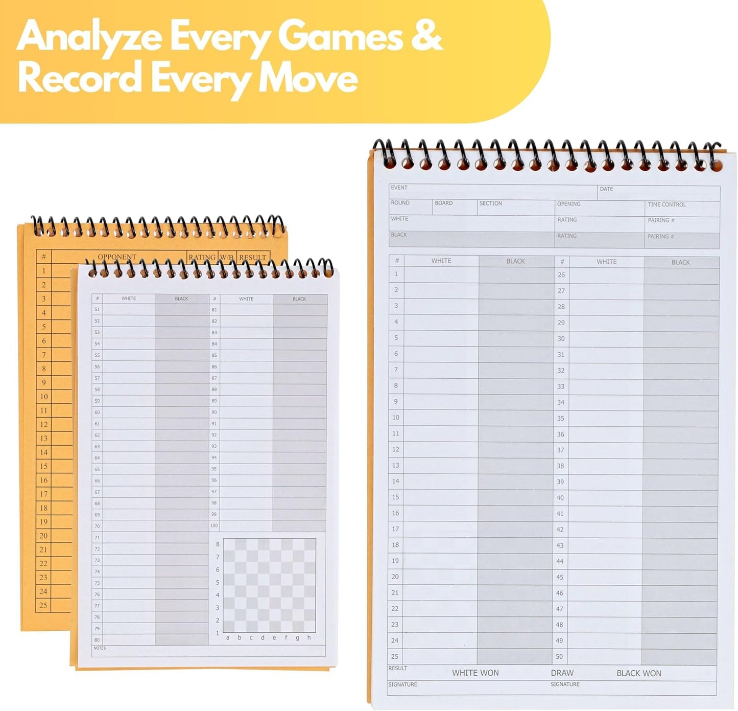 WE Games Ultimate Chessplayer's Scorebook - Spiral Bound & Paperback Chess Notation Book with 50 Games & 100 Moves, Ideal Chess Score Sheets for Clubs & Tournaments