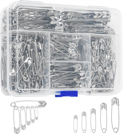 520 Pack Safety Pins, Assorted Size Bulk Silver Sewing Pins, Small & Large Heavy Duty Safety Pins for Clothes, Sewing, Art Crafts Supplies, Rust-Resistant Nickel Plated Steel