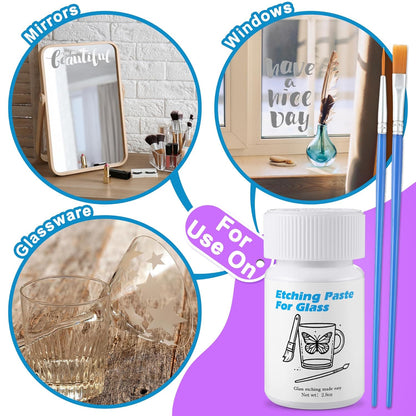 Glass Etch Starter Cream Kit for Intricate Designs Etching Art Cream(2.8 Oz) Etching Paste DIY Art Craft Supplies Create Permanently Stunning Etched Designs for Mirrors Windows Glass