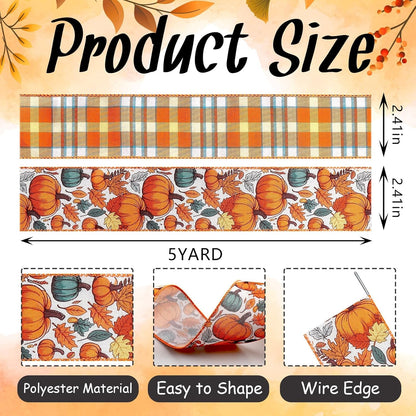 2 Rolls 2.5 Inch x 10 Yards Thanksgiving Fall Wired Ribbon for Craft Wreath Bow Making Pumpkin Autumn Leaves Ribbon Orange Plaid Burlap Ribbon for Wrapping Thanksgiving Party Home Decoration - Crafty Corner