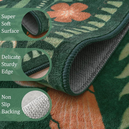 Morebes Green Boho 8x10 Area Rugs for Living Room, Washable Floral Rug for Bedroom Non Slip, Soft Ultra-Thin Distressed Flower Birds Indoor Carpet for Farmhouse Classroom Kids Nursery