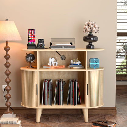 Large Round Record Player Stand with Charging Station & USB Ports，Record Storage Cabinet, Mid Century Modern Turntable Stand for Bedroom Living Room (Small Oak)