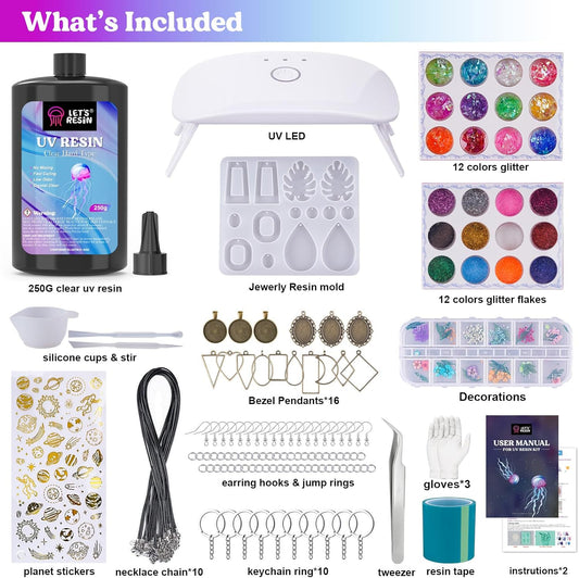 LET'S RESIN Jewelry Making Kit - 153Pcs Crystal Clear 250g UV Resin with UV Lamp,Jewelry Resin Molds, Starter kit for Keychain, Earring Making, Craft Decor