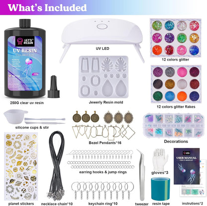 LET'S RESIN Jewelry Making Kit - 153Pcs Crystal Clear 250g UV Resin with UV Lamp,Jewelry Resin Molds, Starter kit for Keychain, Earring Making, Craft Decor