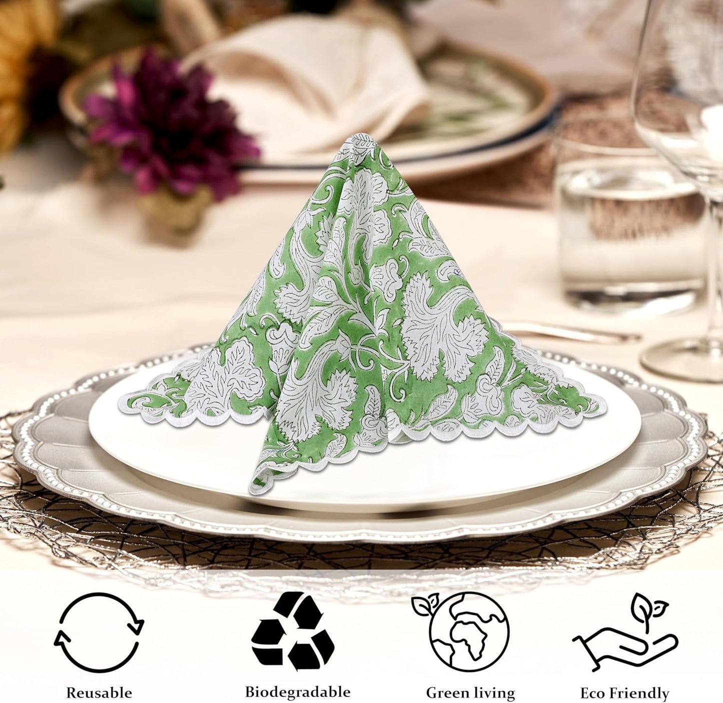 Ridhi Sage Green Hand Block Print Napkins 18" x 18" Set of 4 Reusable Cotton Dinner Napkins for Weddings, Parties & Everyday Dining, Thanksgiving, Christmas, Fall
