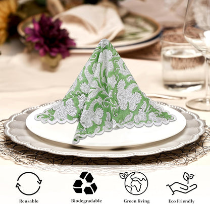 Ridhi Sage Green Hand Block Print Napkins 18" x 18" Set of 4 Reusable Cotton Dinner Napkins for Weddings, Parties & Everyday Dining, Thanksgiving, Christmas, Fall