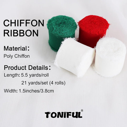 TONIFUL 4 Rolls Silk Chiffon Ribbon 1-1/2 Inch x 22 Yards, Red Green White Handmade Fringe Silk Ribbon for Gift Wrapping Flowral Bouquets Crafts Halloween Christmas Wreath Tree and Party Decoration - Crafty Corner