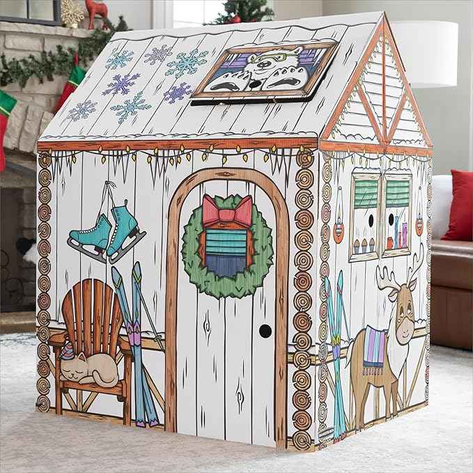 Bankers Box at Play Large Color in Winter Cottage Playhouse, Cardboard Playhouse and Life Size Craft Activity for Kids and Families