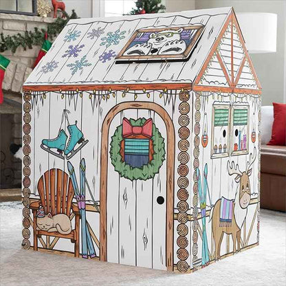 Bankers Box at Play Large Color in Winter Cottage Playhouse, Cardboard Playhouse and Life Size Craft Activity for Kids and Families