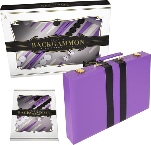 Backgammon Set 15 inch, Large - Classic Board Game for Adults and Kids with Premium Leather Case - Includes Strategy & Tip Guide (Purple)