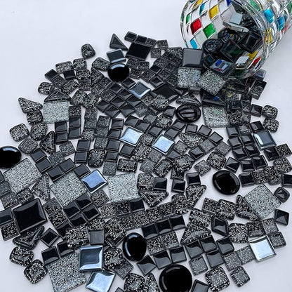 LITMIND 1.1 LB Black Irregular Glass Mosaic Tiles with Backing, Assorted Mosaic Shapes for Creative Crafts – Ideal for Adult Mosaic Kits, Puzzles, and Artwork Projects