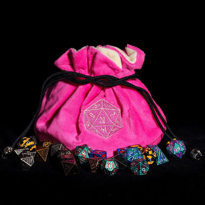 Large Dice Bags with Pockets Pink Storage Bag D20 Logo for DND RPG Game Dices (with 1lb Random DND Dice)