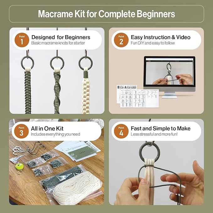 Macrame Kits for Beginners, 3 Set of Plant Hangers DIY Kit: Braided Polyester Ropes 50yds*5mm Ivory, 20yds*2mm Forest Green, 60+Pcs Supplies with Step-by-Step Easy Instructions (IVGR)