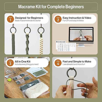 Macrame Kits for Beginners, 3 Set of Plant Hangers DIY Kit: Braided Polyester Ropes 50yds*5mm Ivory, 20yds*2mm Forest Green, 60+Pcs Supplies with Step-by-Step Easy Instructions (IVGR)