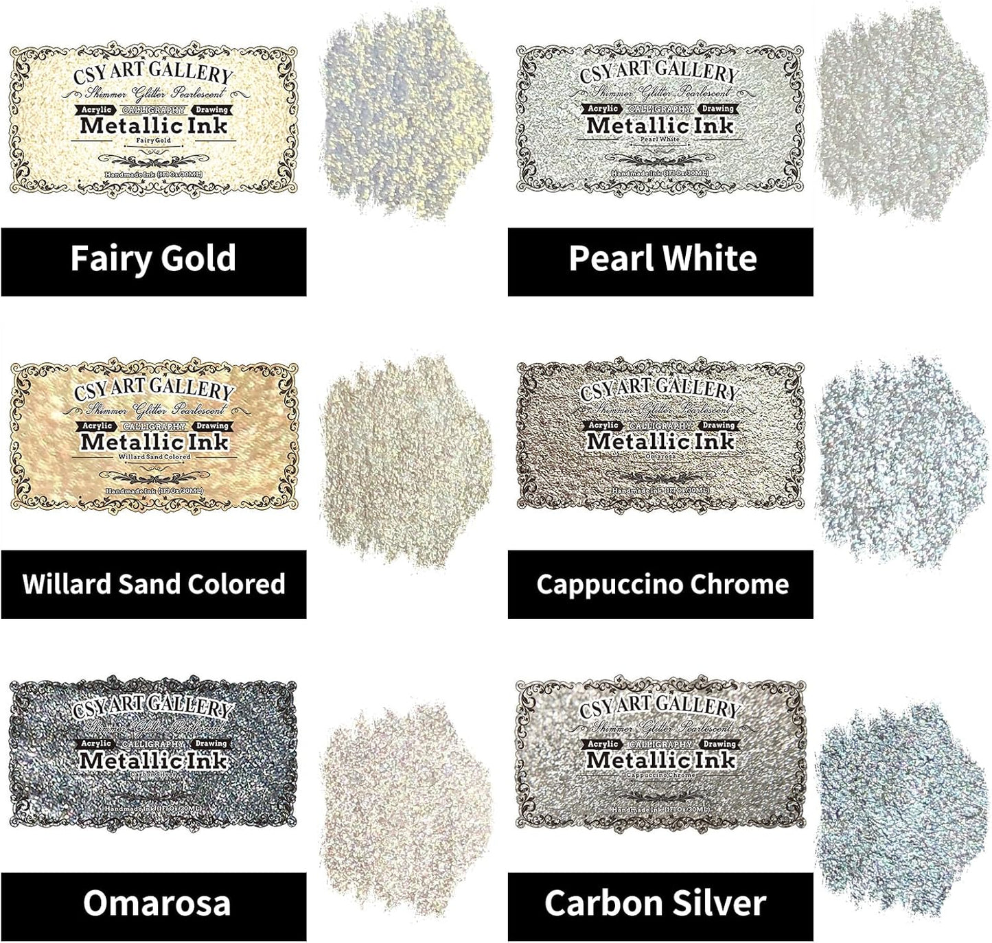 CSY art gallery Metallic -Pearlescent-Glitter Acrylic Ink -Shining Calligraphy Paint -Silver, Rose Gold Rich Pigments Perfect for Artists, Canvas, Rocks, Wood, Fabric, Ceramic (Galaxy Starlight Set) - Crafty Corner