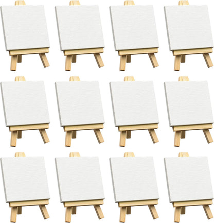 FIXSMITH 3x3 Inch Mini Stretched Canvas Easel Set- Bulk Pack of 12,Small Stretched White Blank Canvas Panels & Wood Easels for Painting Craft Drawing Decoration Gift Art Project DIY, Art Supplies