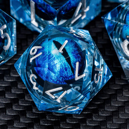 ARUOHHA DND Resin Dice Dragon Eye Dice Liquid Core Blue Sharp Edged Dice Set with Gift Box, Dungeons Polyhedral D and D Dice Set Compatible with D&D Role Playing Game D20 D12 D10 D8 D6 D4