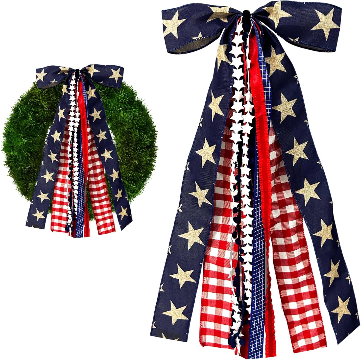 Large Patriotic Star Ribbon Bow for Wreath, Red White Buffalo Plaid Fabric Ribbons Set Assorted Lace Ribbon 4th of July Clip-On Wreath Sash Ribbons Bundle for Patriotic Indoor Outdoor Decor - Crafty Corner