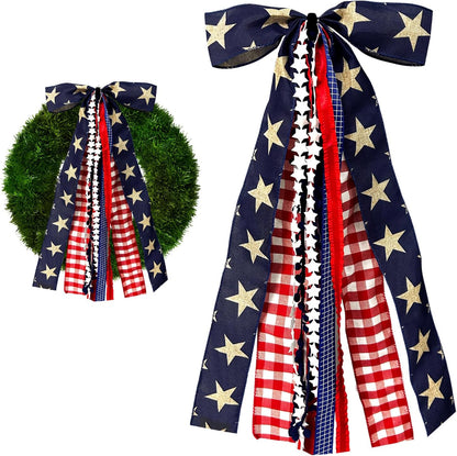 Large Patriotic Star Ribbon Bow for Wreath, Red White Buffalo Plaid Fabric Ribbons Set Assorted Lace Ribbon 4th of July Clip-On Wreath Sash Ribbons Bundle for Patriotic Indoor Outdoor Decor - Crafty Corner