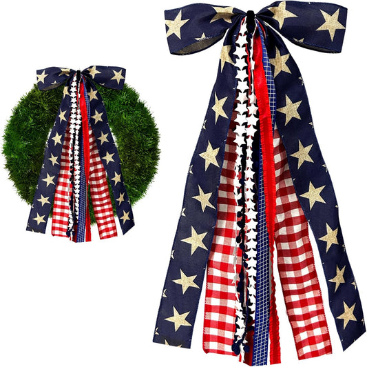 Large Patriotic Star Ribbon Bow for Wreath, Red White Buffalo Plaid Fabric Ribbons Set Assorted Lace Ribbon 4th of July Clip-On Wreath Sash Ribbons Bundle for Patriotic Indoor Outdoor Decor - Crafty Corner