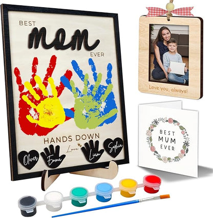 10" Hands Down Best Mom Ever Sign DIY Kids Gifts For Mom Handprint Kit with Acrylic Paints, Toddler Craft Birthday Gift Mother's Day Keepsake for Mum, Family Plaque with Daughter, Son Names HF90-M