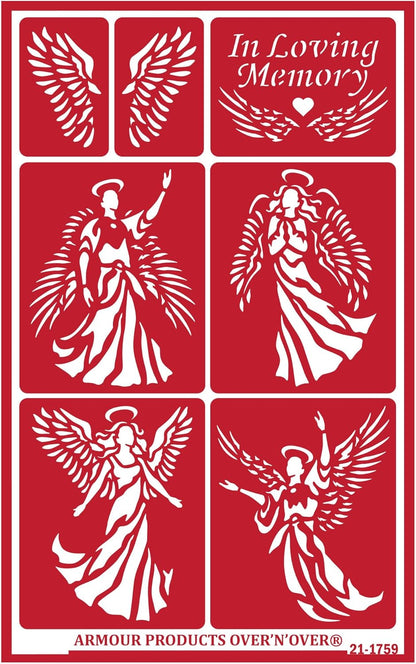 Over'N'Over Reusable Glass Etching Stencils – Durable Self-Stick Designs for Glass, Mirrors, and Ceramics with Armour Etch Cream – 5” x 8” Stencil Sheet - Angels