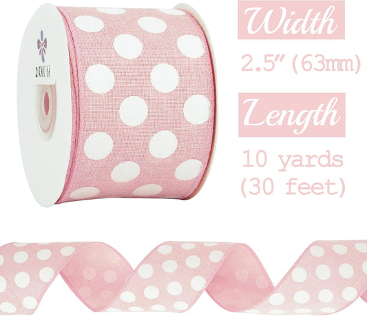 MEEDEE Pink Polka Dot Ribbon - 2.5 inch Wired Ribbon for Baby Girl Wreaths & Crafts, 10 Yards - Crafty Corner