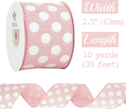 MEEDEE Pink Polka Dot Ribbon - 2.5 inch Wired Ribbon for Baby Girl Wreaths & Crafts, 10 Yards - Crafty Corner