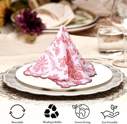 Ridhi Peach Coral Hand Block Print Napkins 18" x 18" Set of 4 Reusable Cotton Dinner Napkins for Weddings, Parties & Everyday Dining, Thanksgiving, Christmas, Fall