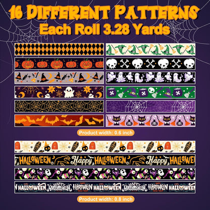 16 Rolls Halloween Washi Tape Holiday Masking Tape Stickers Glod Foil Decorative Tape for Scrapbook Journal DIY Craft Gift Wrapping（Halloween