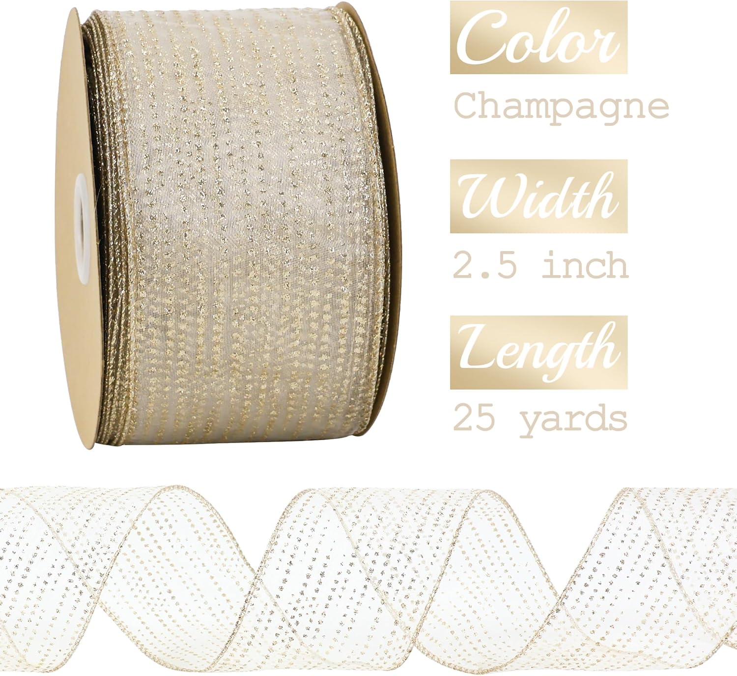 MEEDEE Champagne Gold Wired Ribbon - 2.5 Inch Horizontal Stripes Polka Dot Christmas Ribbon Organza Sheer Glitter - 25 Yards for Christmas Tree, Wreath Bow - Crafty Corner