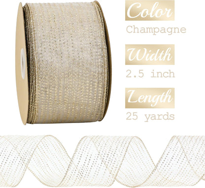 MEEDEE Champagne Gold Wired Ribbon - 2.5 Inch Horizontal Stripes Polka Dot Christmas Ribbon Organza Sheer Glitter - 25 Yards for Christmas Tree, Wreath Bow - Crafty Corner