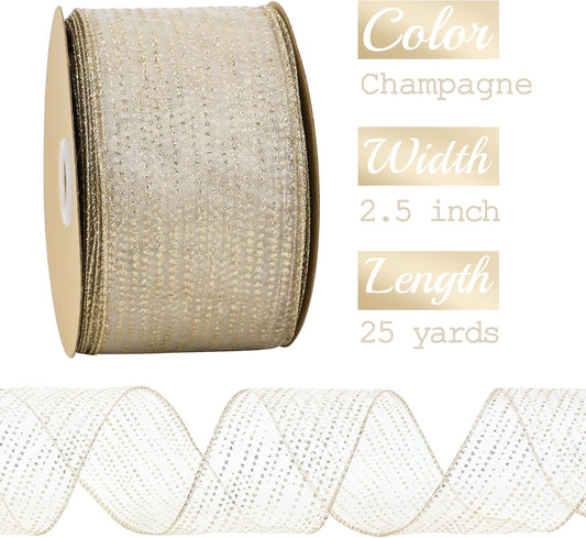 MEEDEE Champagne Gold Wired Ribbon - 2.5 Inch Horizontal Stripes Polka Dot Christmas Ribbon Organza Sheer Glitter - 25 Yards for Christmas Tree, Wreath Bow - Crafty Corner