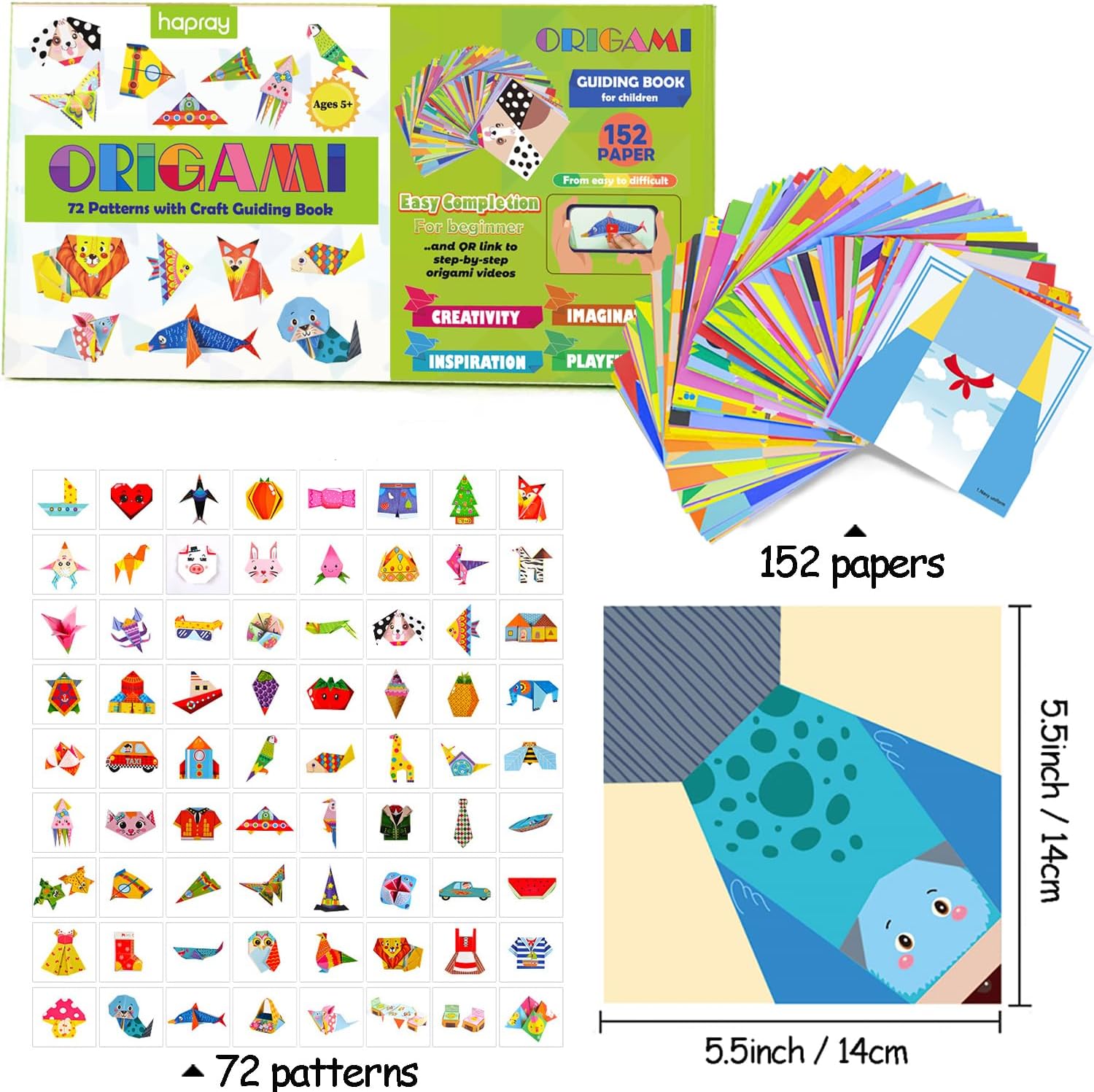 hapray Origami Kit for Kids Ages 5-8 8-12, with Guiding Book, 152 Paper with 72 Patterns, DIY Art and Craft Projects, Beginners Children's Day Gift Boy Girl - Crafty Corner