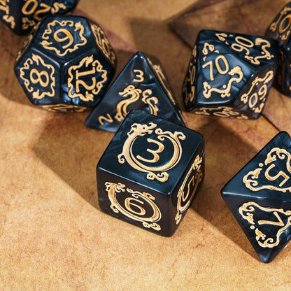7-Die DND Dice Set Dragon Pattern Polyhedral Die with Leather Bag D&D Dice Set for RPG Table Games (Black W/Gold Dragon Pattern)
