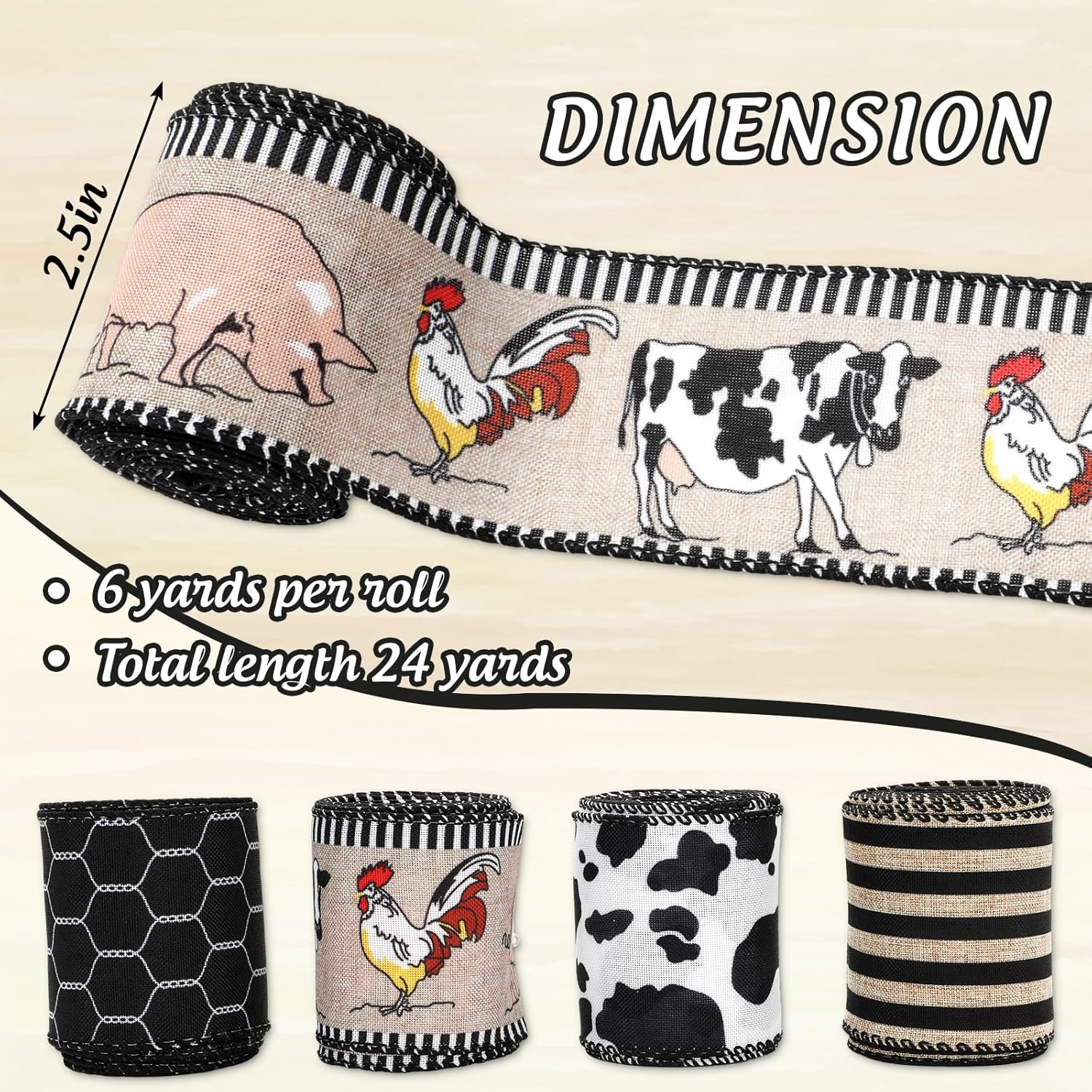 Farmhouse Animal Wired Edge Ribbons Cow Chick Pig Stripe Chicken Wire Decorative Fabric Wrapping Ribbons for DIY Crafts Wreath Bow Making Supplies, 4 Rolls, 24 Yard - Crafty Corner