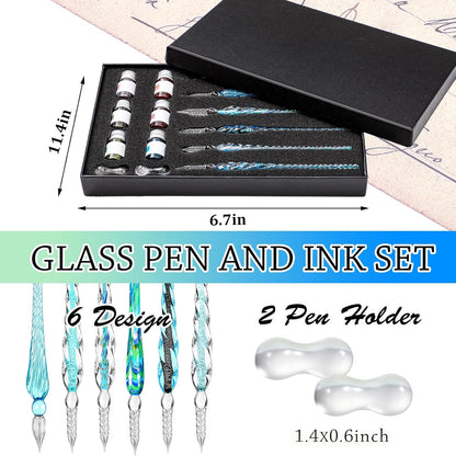 Zonon Glass Dipped Pen Ink Set 14 Pcs Include 6 Pcs Glass Dip Pen, 6 Colorful India Ink and 2 Holder Crystal Signature Calligraphy for Art, Writing, Signatures, Gift(Blue Color System)