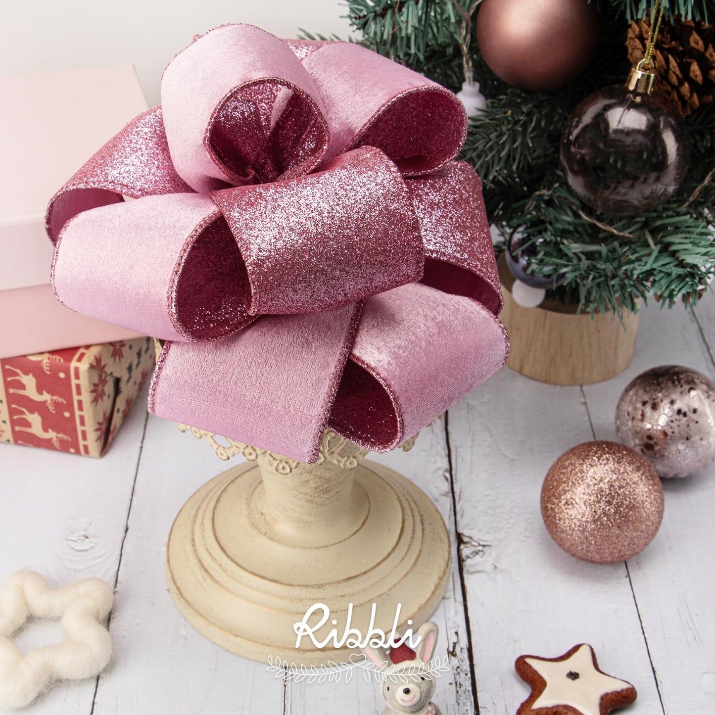 Ribbli Pink Velvet Wired Ribbon 2.5 Inch Velvet with Glitter Christmas Ribbon for Tree Decoration Big Bow Gift Wrapping Crafts Wreaths Supplies - 10 Yards - Crafty Corner
