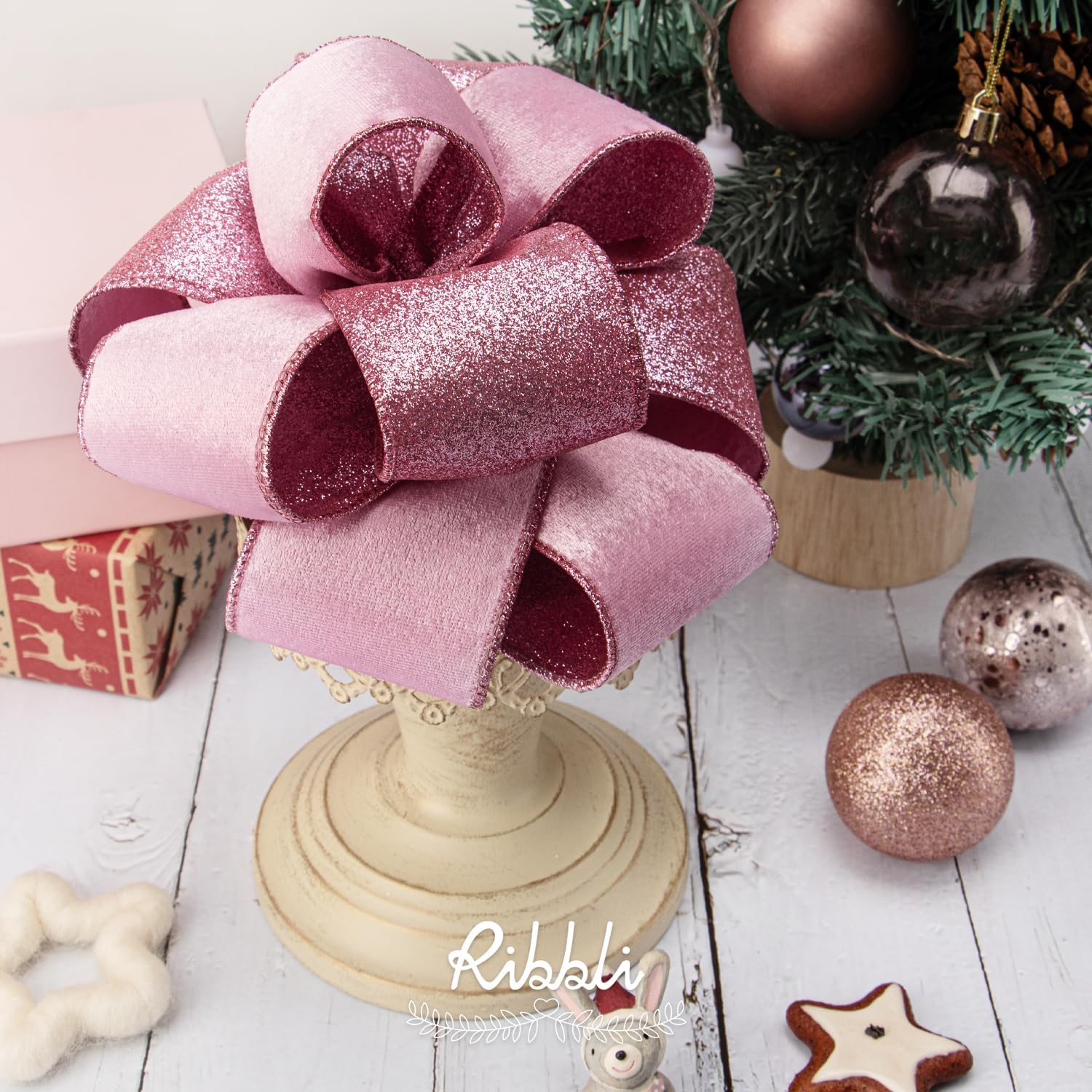 Ribbli Pink Velvet Wired Ribbon 2.5 Inch Velvet with Glitter Christmas Ribbon for Tree Decoration Big Bow Gift Wrapping Crafts Wreaths Supplies - 10 Yards - Crafty Corner