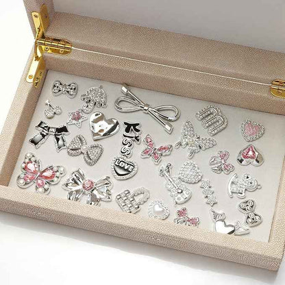 100 Pcs Bling Flat Back Junk Charm Kit for Junk Socks/Shoes/Phone Cases/Bracelets & DIY Accessories, Including Silver and Pink Bows/Hearts/Stars/Rhinestone Charms, Great Christmas Gift Idea for Girls
