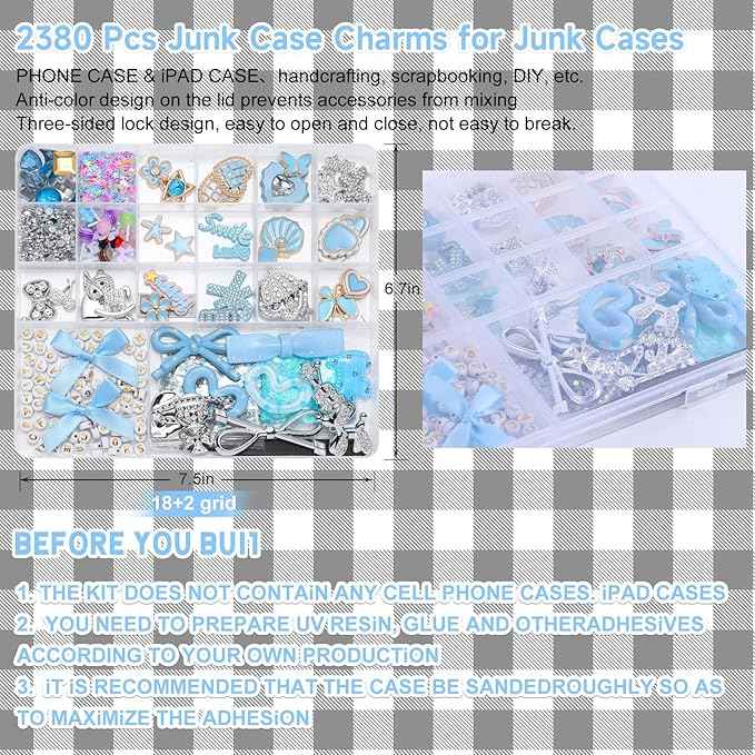 EIiovcnya 2380 Pcs Junk Case Charms Kit - DIY Phone Charms & Nail Art Accessories Includes 3D Flatback Big Decorations, Cute Bows & Letter Beads for Customizing Cases, Crafts, Valentine's Day Gifts